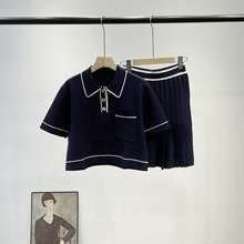 法式跨境女装夏季新款时尚套装女翻领短袖针织衫+百褶裙两件套