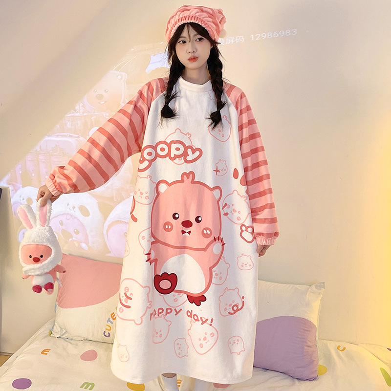 Coral Velvet Nightgown for Women in Autumn and Winter Thickeneded Flannel Cute Loose Large Size Maternity Pajamas for Fat Girls Plus Fat Mid-Length