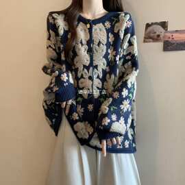复古提花针织开衫毛衣外套女秋冬2024大码胖mm大版宽松慵懒风上衣