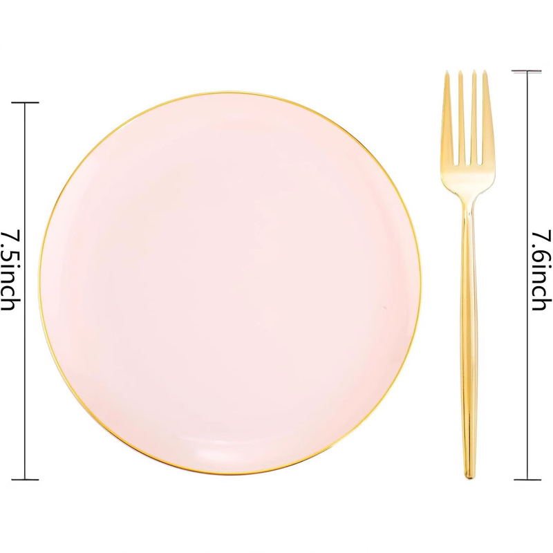 7.5 inch pink dessert plate disposable golden fork pink gold edge salad plate, golden small plate fork suit