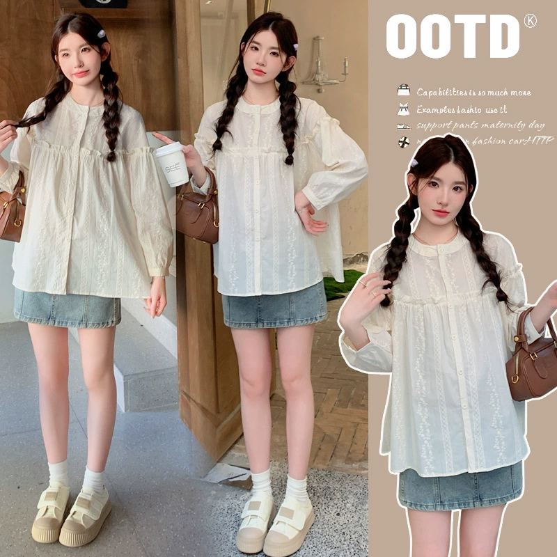 Одежда для беременных Весеннее платье сладкое сокращение возраста вышивка с длинными рукавами топ 2025 новая весна беременность рубашка весна весна весна рубашка весна весна