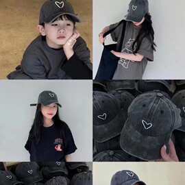 ins网红博主款儿童棒球帽 韩版百搭水洗做旧亲子棒球帽潮童爱心帽