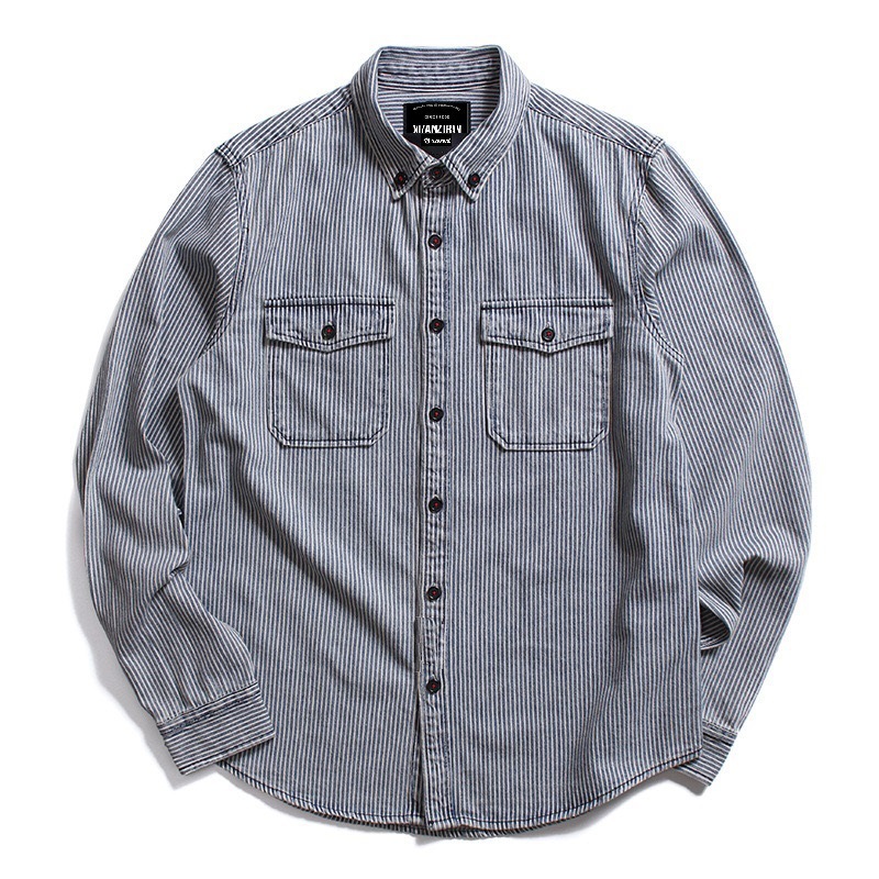 春秋冬新款做旧欧美条纹衬衣外贸原单男士长袖衬衫外套8050