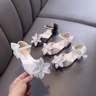2025 Spring and Autum New Lady Baby Girl Girl Princess Diamond Flats Leather Shoes Dance Performance Shoes