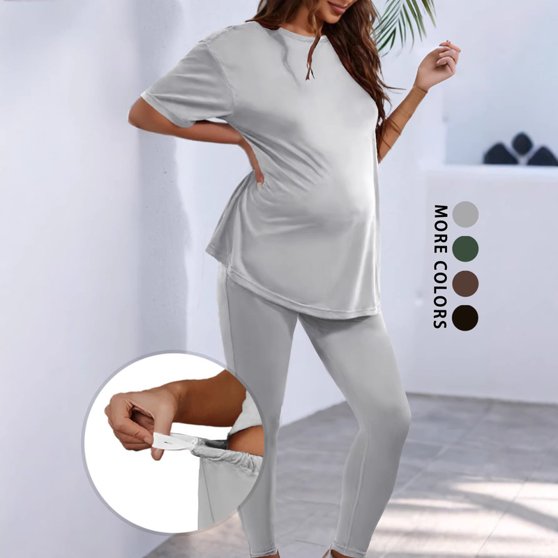 European and American Cross-Border In-Stock Items Exclusively for Round-Neck Short-Sleeve Tops Paired with Long Pants Women's Two-Piece Summer Maternity Wear European and American Cross-Border In-Stock Items Exclusively for Round-Neck Short-Sleeve Tops Paired with Long Pants Women's Two-Piece Summer Maternity Wear