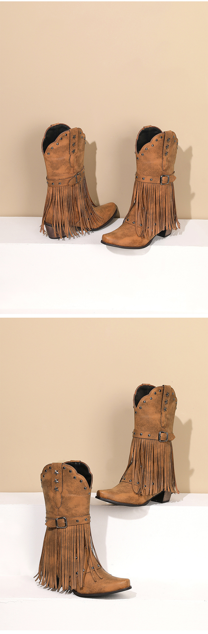 Western boots riveted belt buckle tassel mid-calf boots_voghion.com