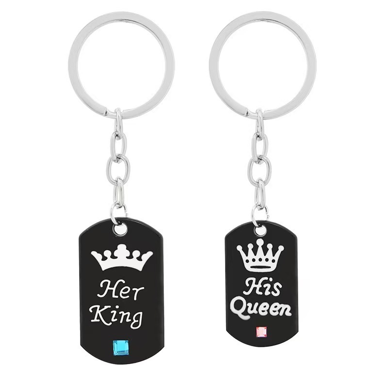 跨境欧美饰品批发 情侣项链不锈钢钥匙扣Her King His Queen挂件|undefined