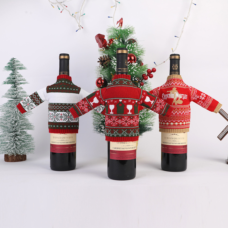 针织杯套定 制圣诞装饰红酒瓶套亚马逊热销防冻提花酒瓶毛衣瓶套