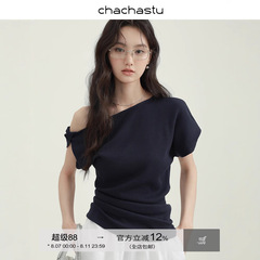 CHACHASTU法式斜肩藏蓝短袖质感上衣夏季设计感直筒袖修身显瘦T恤