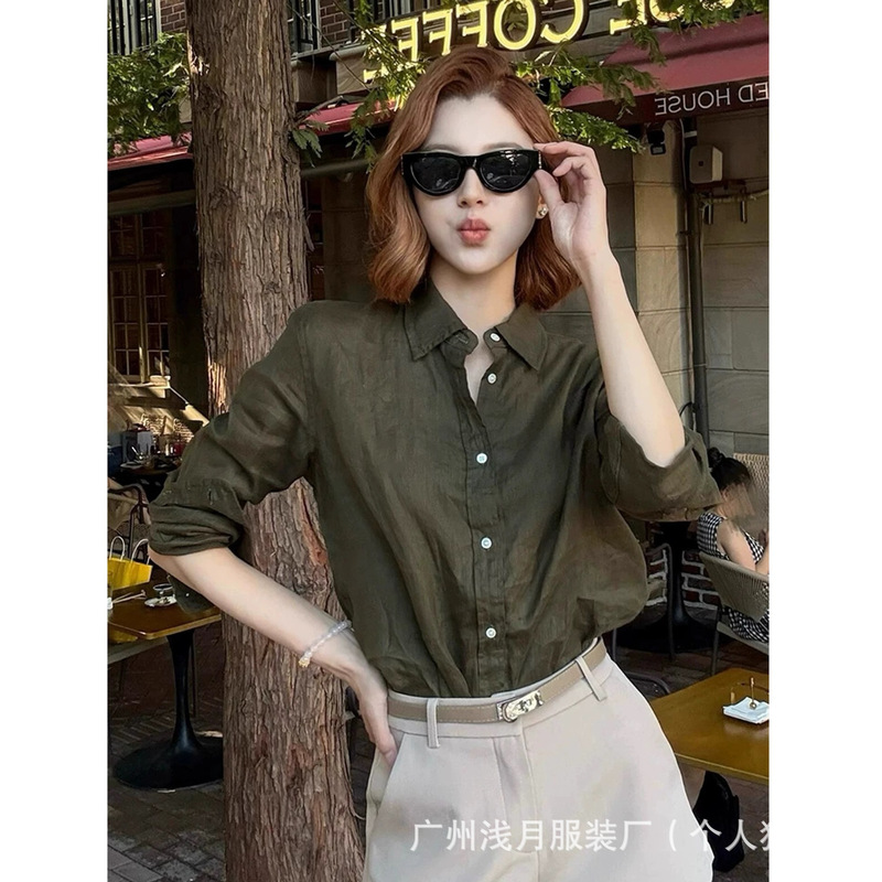 Old Money Style Light Luxury Green Linen Long-Sleeve Shirt for Women, 2026 Spring New Loose Fit Layering Base Shirt