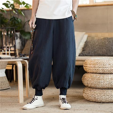 Pantalones de traje Tang, pantalones de monje de algodón y lino de estilo chino para hombre