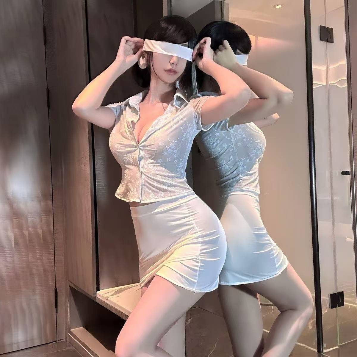 Secretary Roleplay Costume Set with Mesh Hip Skirt and White Bodystockings, Slim One Size — detail image 2