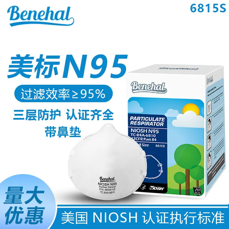 带鼻垫活性炭过滤Benehal世康N95防护口罩跨境NIOSH认证美标防尘