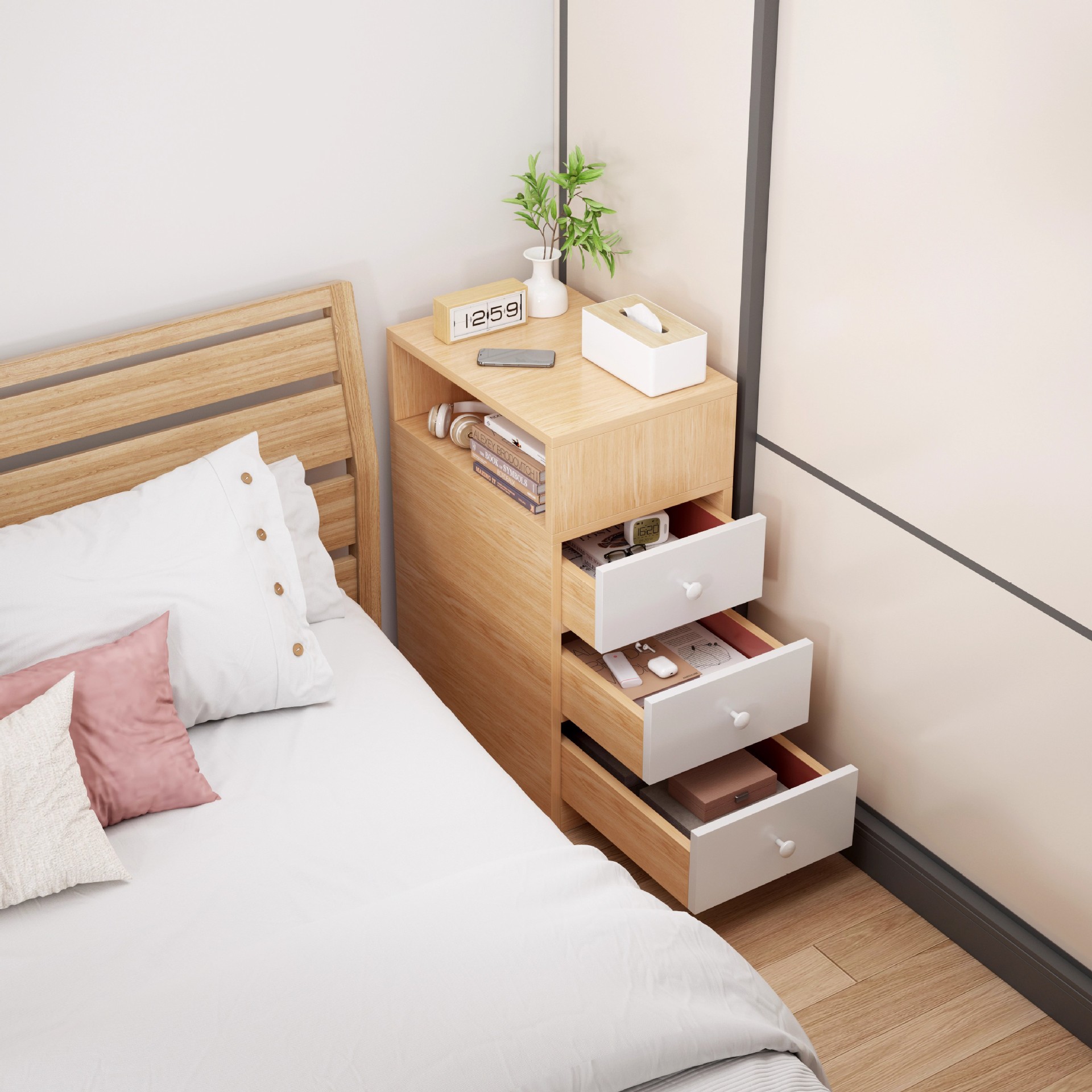 Escritorio de cabezal de cama muy estrecho dormitorio doméstico 2025 nuevo estante pequeño gabinete de almacenamiento al lado de la cama gabinete de alquiler