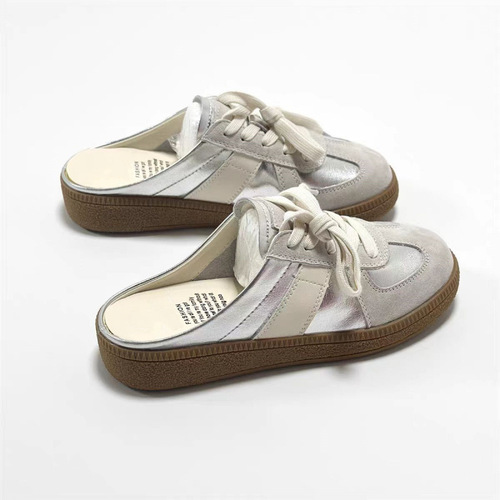 Vintage bow head half slipper women 2024 summer outdoor wear one foot pedal lazy people no heel military training shoes flat bottom sandals 