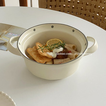 网红ins风日式哑光波点陶瓷双耳大碗家用大号汤碗高颜值奶白餐具