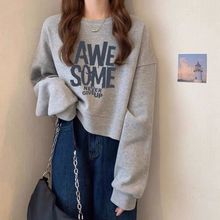 宽松卫衣薄款长袖圆领短款卫衣女春秋高腰显瘦套头上衣无帽小个子