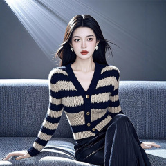 撞色V领针织长袖开衫女2025新款早秋季氛围感穿搭韩系巨好看上衣