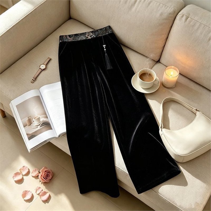Dropshipping: New Chinese-style velvet fringed casual high-waisted straight-leg pants, 2026 autumn collection, elegant and versatile Dropshipping: New Chinese-style velvet fringed casual high-waisted straight-leg pants, 2026 autumn collection, elegant and versatile