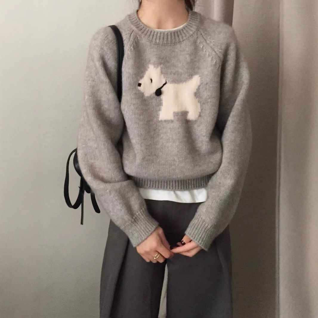 慵懒风提花套头卡通小狗毛衣女秋冬韩国东大门宽松针织衫灰色上衣