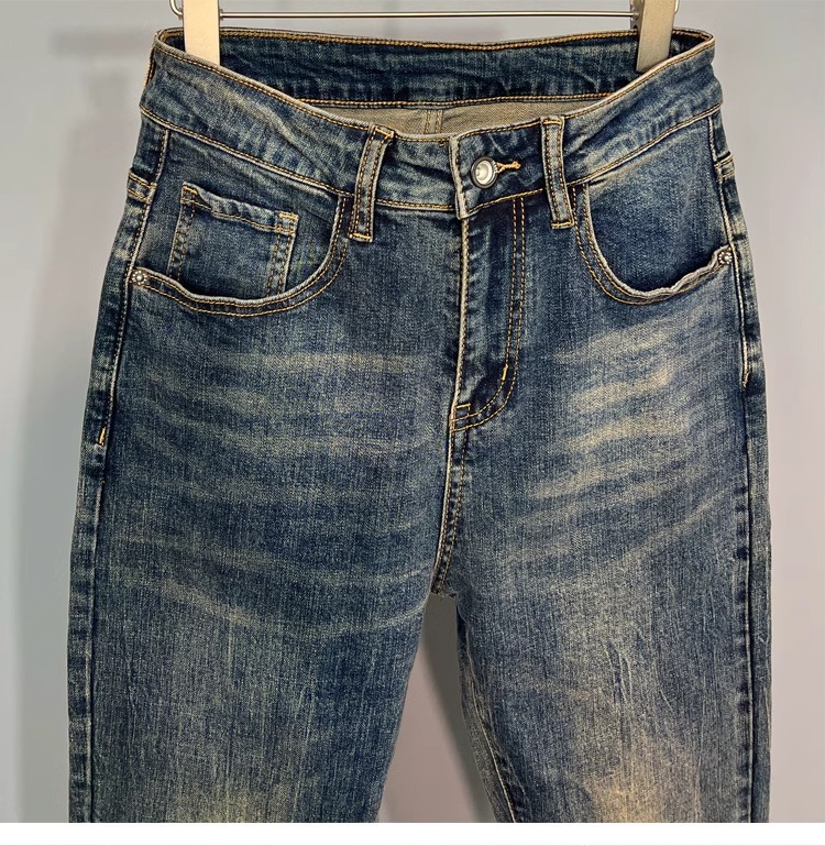 Autumn And Summer New Korean-style Handsome Small-footed Jeans, Slim-fitting, Comfortable, Elastic, Washed And Old-fashioned Nine-point Pants_viptrois.com
