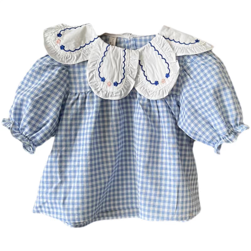 2025 otoño ropa infantil niñas camisa de manga burbuja para niños camisa de muñeca azul cuadrado azul camisa de manga larga camisa
