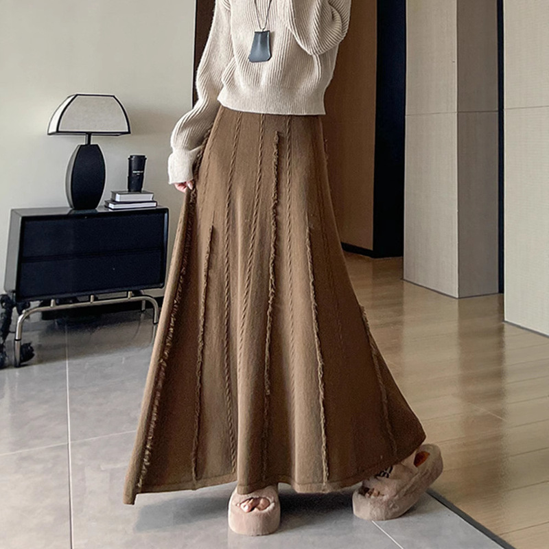 复古咖色流苏针织半身裙女秋冬2025新款高腰显瘦垂感a字大摆长裙|undefined