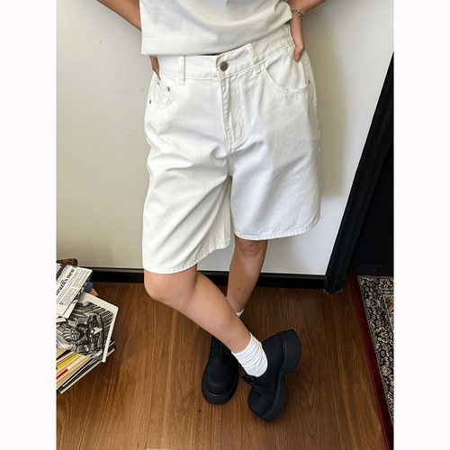 Vintage straight-leg denim shorts for men, summer cleanfit streetwear brand loose casual versatile work-style five-pocket pants trendy