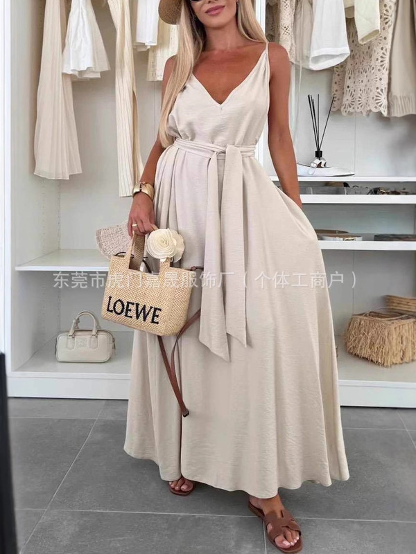貿易婦人服 2025 越境卸売ヨーロッパとアメリカの婦人服無地蝶ネクタイドレスサスペンダーカジュアルロングスカート|undefined