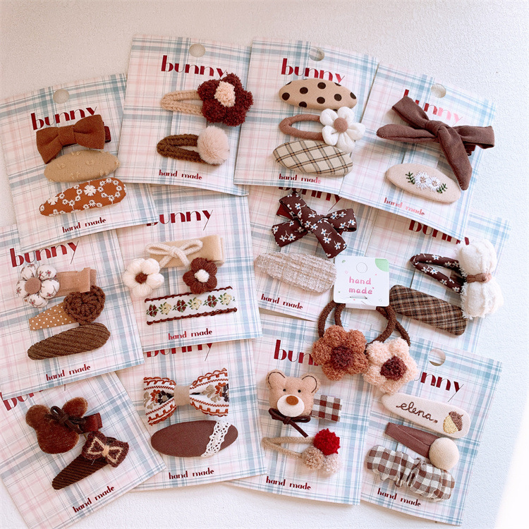 Cafe Color Series Children's Fabric Bow Hair Clips for Girls, Embroidered Flower Grid Hairpins for Parents and Kids, Fringe Hair Accessories for Babies and Toddlers