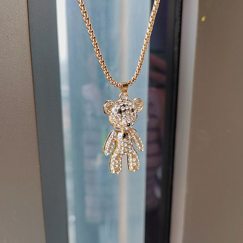 Cute full-diamond bear necklace long style cool trendy brand sweater chain pendant hip-hop personality necklace factory wholesale