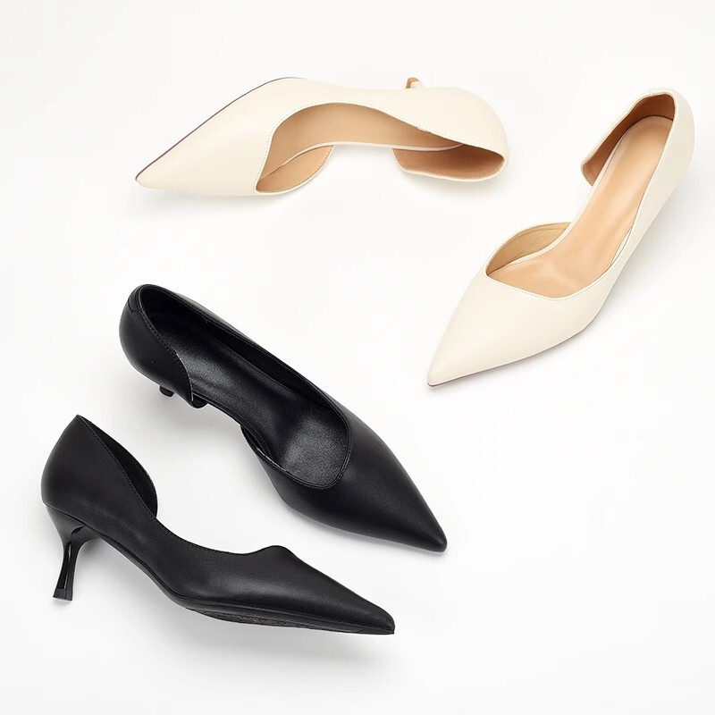 High-Quality Genuine Leather Pointed Toe Shallow Mouth Stiletto High Heels with Side Cutouts Professional Women's Work Shoes