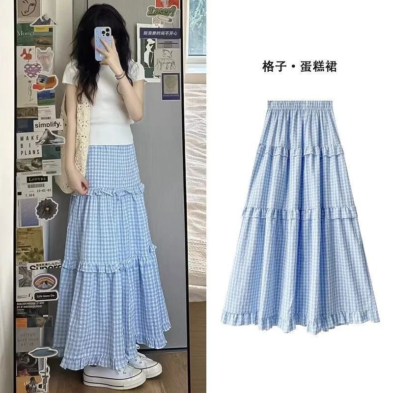 Blue Gentle Fresh Plaid Skirt for Women Autum 2025 New High-Waisted A-Line Skirt Mid-Length Cake Skirt