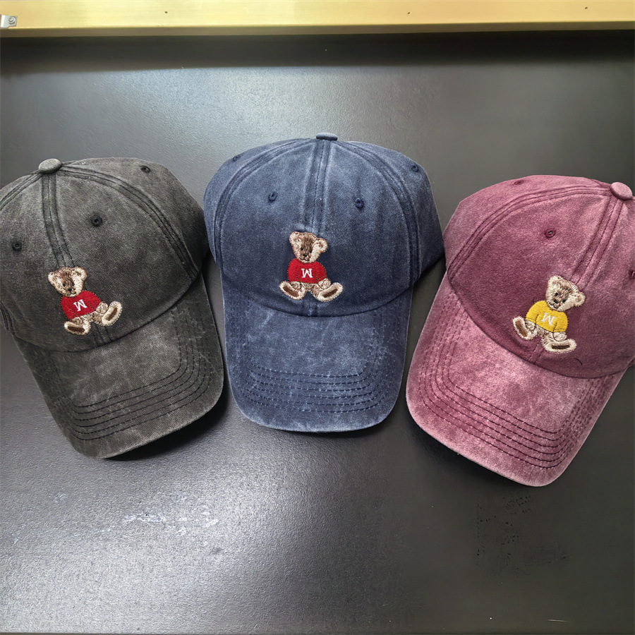 Cross-border new wash cotton bear baseball cap embroidery cartoon cute cap sunscreen sunshade foreign trade in stock