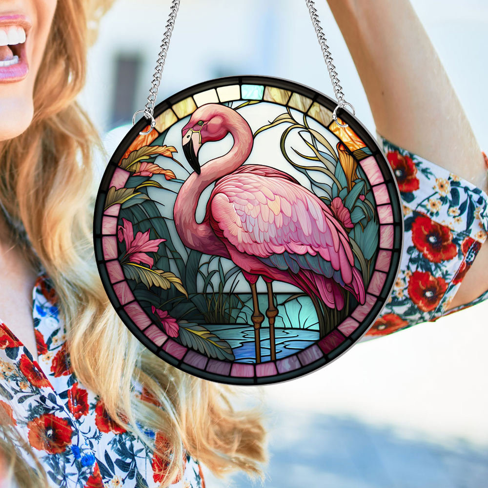 TYU160 Cross-border Flamingo Acrylic Wall Hanging for Shop Window, Porch, Home Decoration, Dual-Sided Design with Iron Chain Hanger