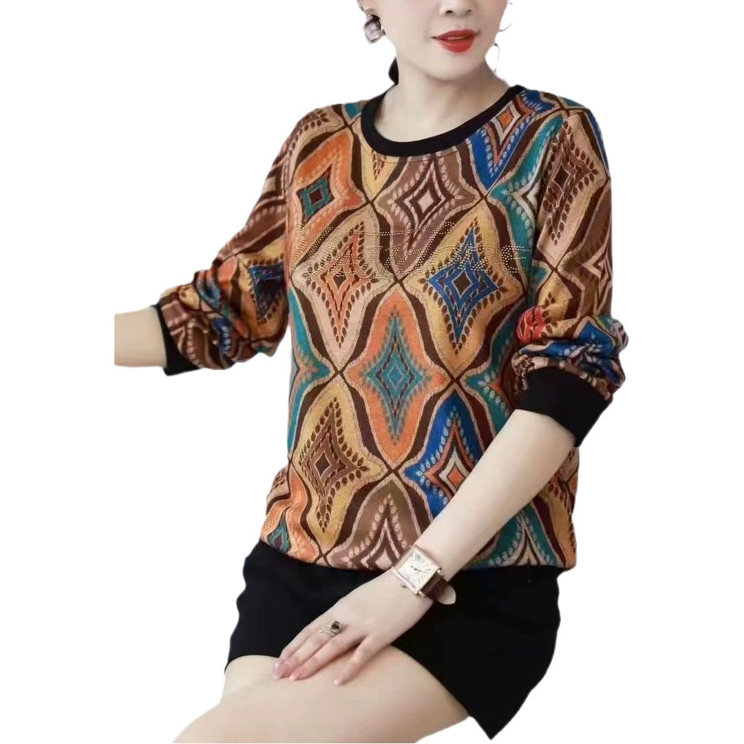 Женская футболка с длинными рукавами для женщин среднего и пожилого возраста, с круглым вырезом и принтом, модный Свободный Внешний Топ для матери 50-60 лет, закрывающий живот для женщин