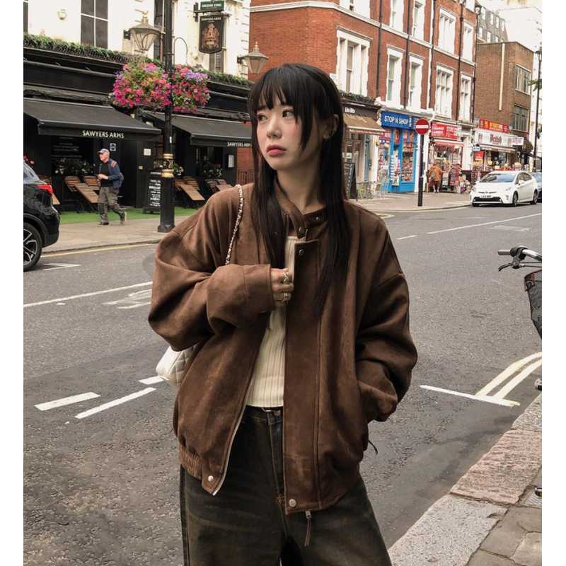 韩国 chic 秋冬 半高领 拉链 麂皮绒 宽松 长袖 夹克外套
