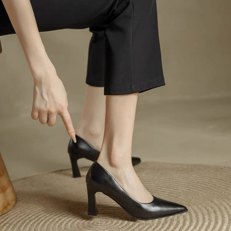 Black Stilettos High Heels Women's New Civil Servant Interview Thick Heel Flats