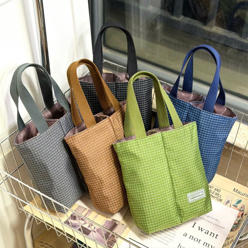 New Korean-style small checkered double-cup sleeve, tote bag for water bottles, baby bottles, insulated food containers, umbrella, milk tea, coffee, and phone
