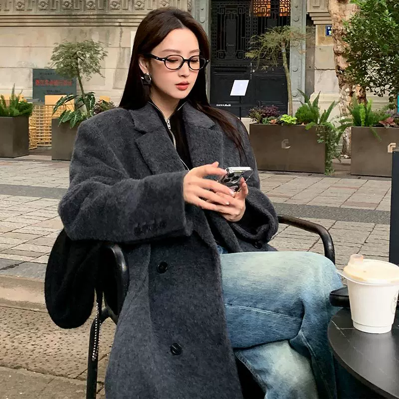 Серый шерстяной пальто женский 2025 новый весенний и осенний высокий человек с длинными плечами