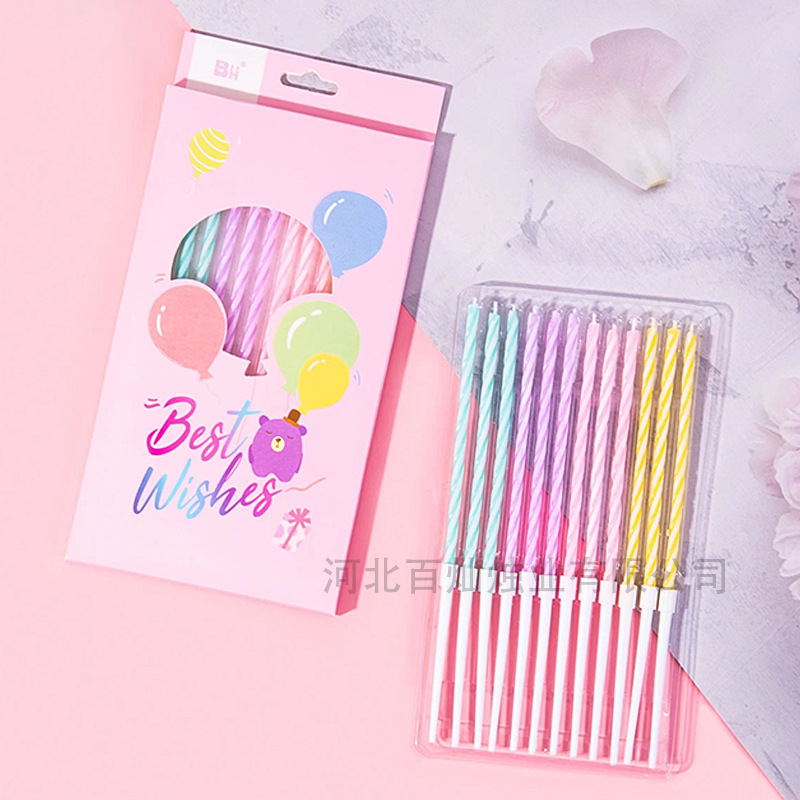 Vela de cumpleaños estilo ins al por mayor Espiral de cristal de color delgado 12 velas de fiesta en caja para decoración de pasteles