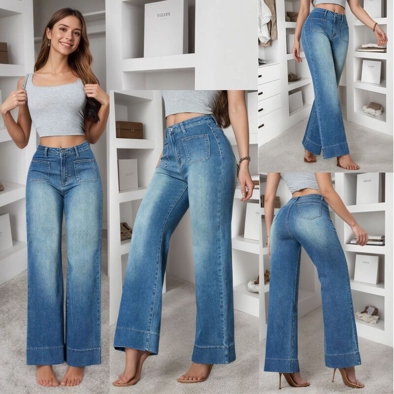 European and American Cross-Border New Retro American-Style Long Wide-Leg Pants, Hot Girl Loose Jeans, Women's Mid-Waist Straight Pants, Foreign Trade