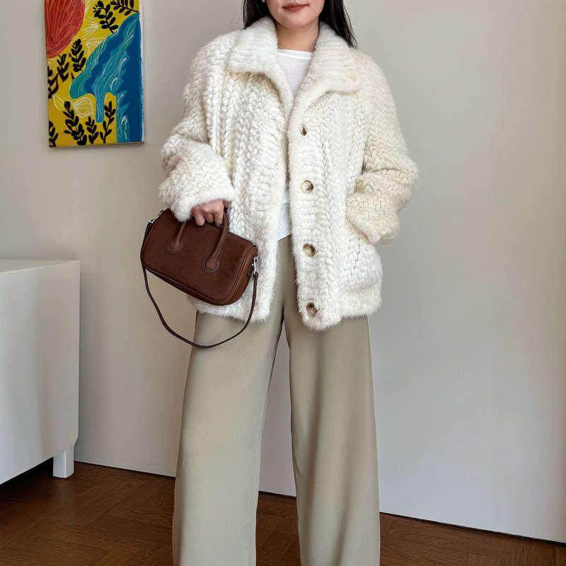 Danish Imported Mink Knit Collar Fur Coat for Women, 2026 Winter New Casual Handmade Mink Coat