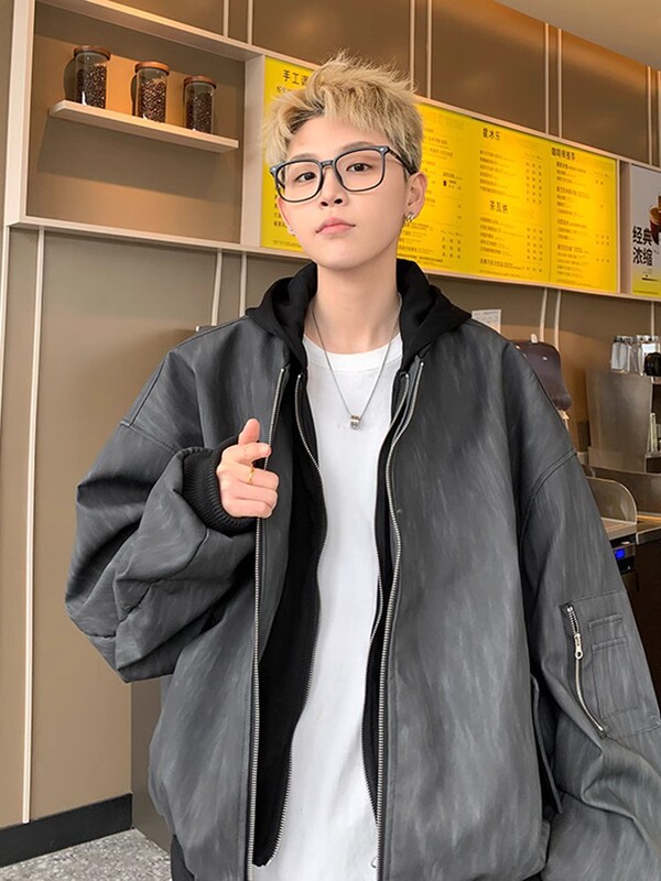 美式假两件连帽夹克男冬季潮大码PU皮外套高街百搭上衣男款灰色|undefined