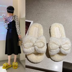 2023秋冬季新款一字蝴蝶結珍珠拖鞋女居家外穿舒適百搭休閒涼拖鞋