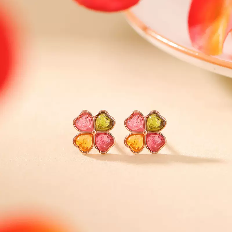 悦宝珠宝S925纯银镀玫瑰金碧玺时尚轻奢爱心四叶草耳钉心形银耳饰