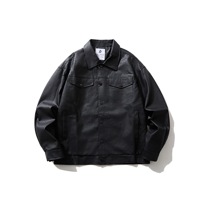 Retro Japanese-Style Cool and Trendy Brand Lapel Jacket for Men, Autumn Loose Pu Leather Motorcycle Faux Crocodile Leather Coat
