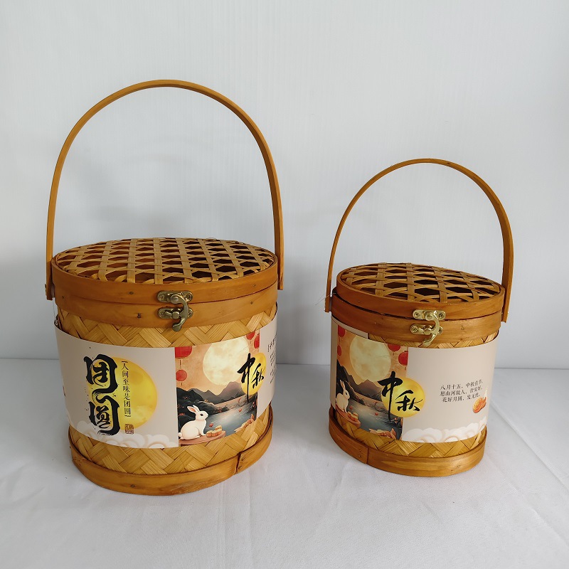 新古典竹制中秋圆形桶端午粽礼盒茶具包装竹篮工艺品厂家批发