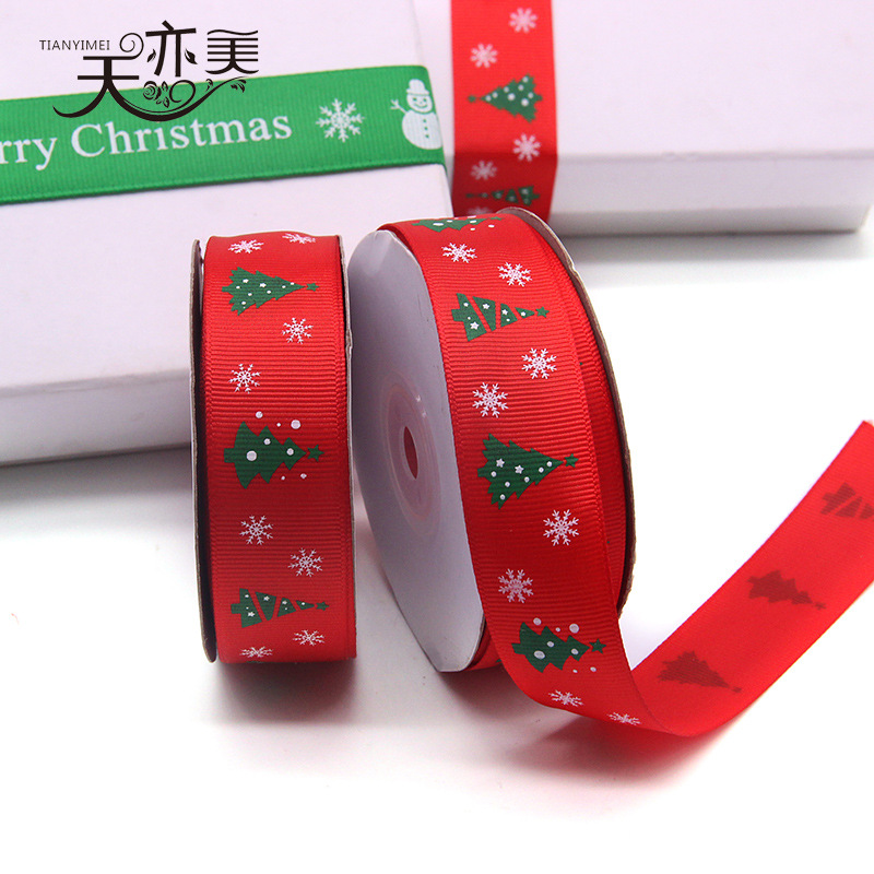 Cinta de embalaje de regalo de Navidad verde rojo 2,5 cm cinta de árbol de Navidad cinta de costilla de muñeco de nieve de Navidad al por mayor