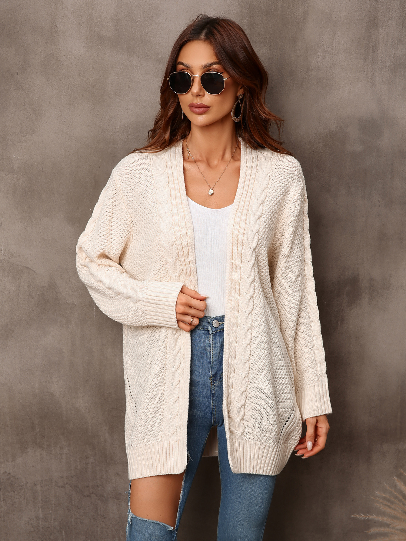 Women's large size women's cardigan irregular knit sweater hollowed out sweater coat_voghion.com